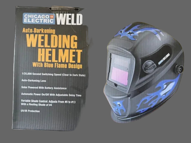 Chicago Electric welding helmet packaging with blue flame design on a yellow background